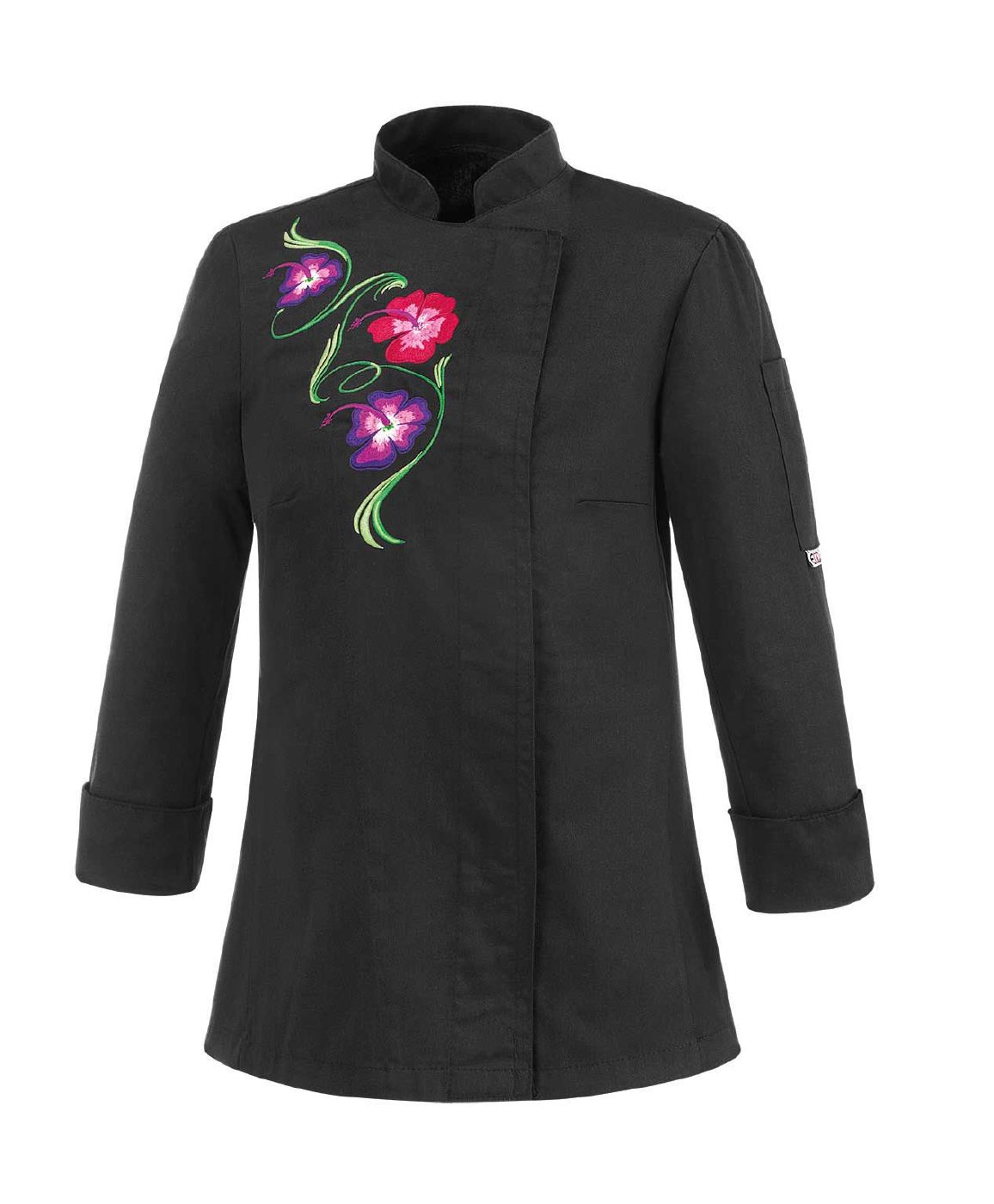 FLOWERS ROSE SLIM FIT Woman chef jacket with press buttons and floral embroidery EGO CHEF