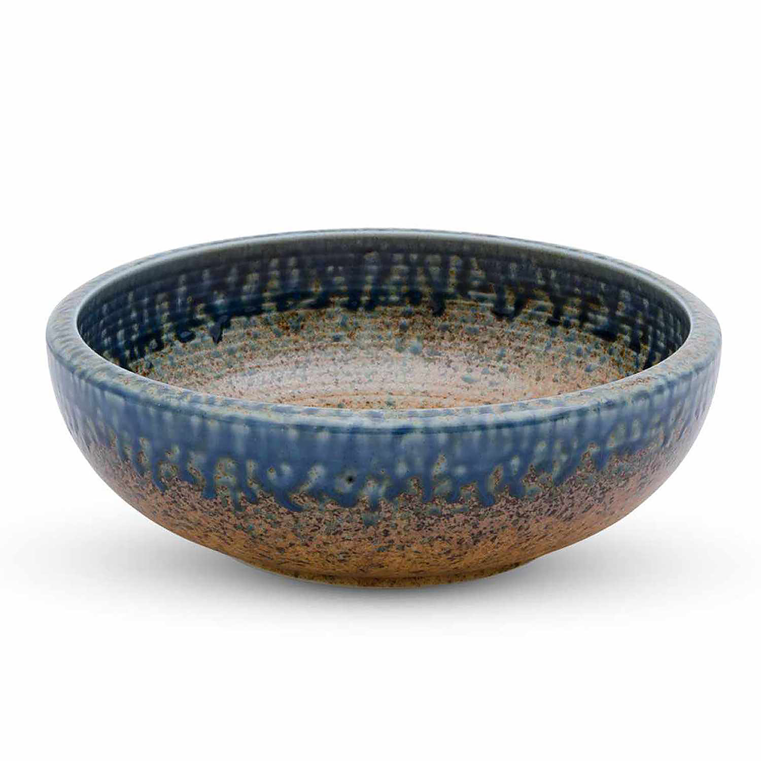 AINAGASHI BOWL 2188ML MOTTLED RUST & RICH TEXTURE OF CORK & CASCADING BLUE GLAZE 23.50X8CM