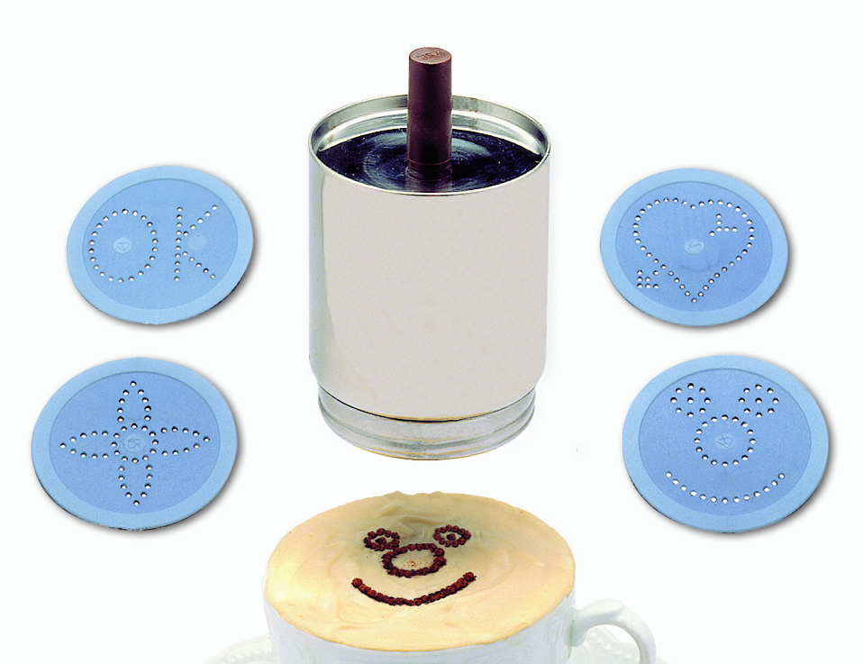 Cappuccino decorator - With 4 disks: Heart - Flower - OK - Smile