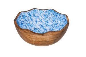 MANGO WOODEN BOWL ROUND BLUE FLOWER 30X11cm