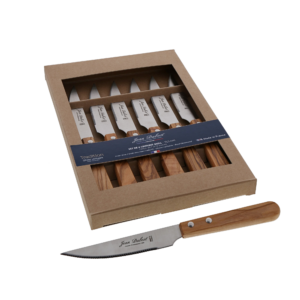 6 Steak Knives 1.2 mm with Olive Wood Handle in Brown Kraft Box Laguiole by Jean Dubost France